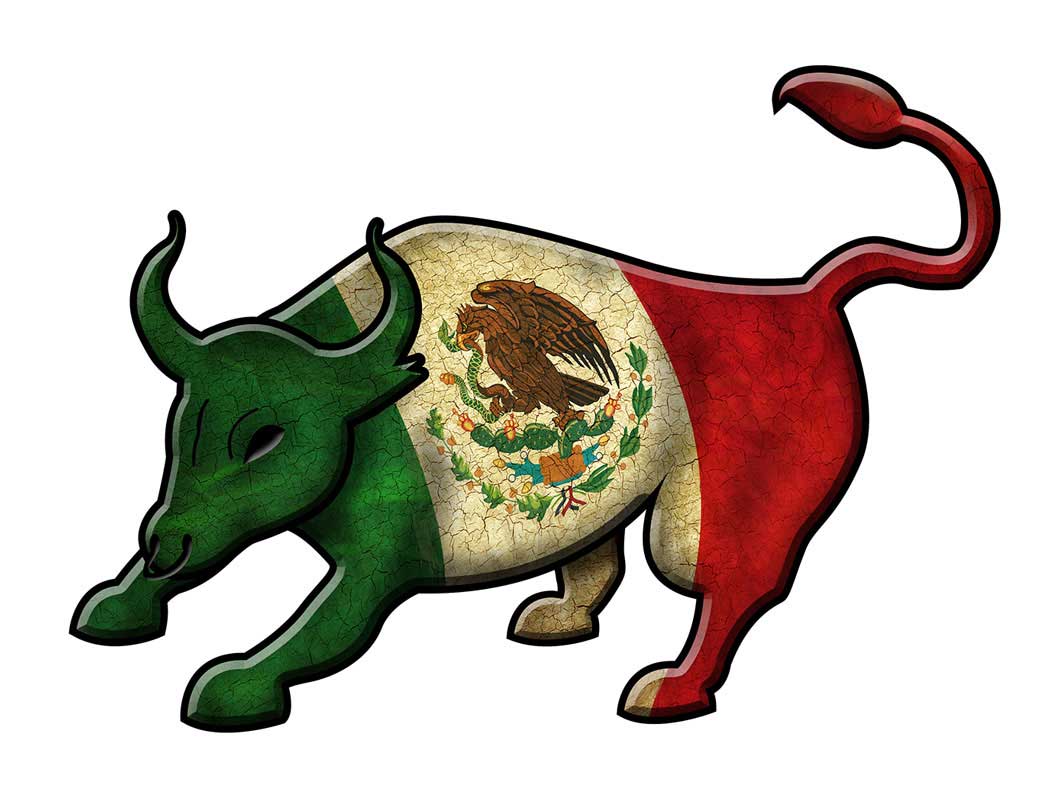 Graphic of a bull with a Mexican Flag overlaid on it.